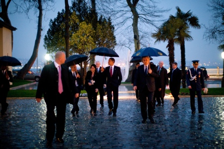 Always the gentleman he holds the umbrella for his staff even while walking on water during a visit to Istanbul (White House Photographer Pete Souza)